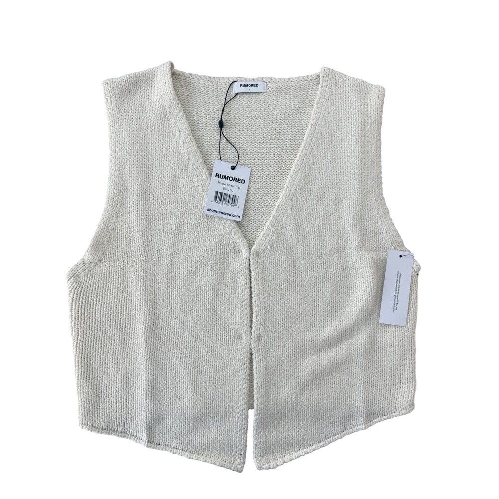 Rumored Prince Street Top Ecru Knit Sweater Vest Sleeveless V-Neck Large NWT